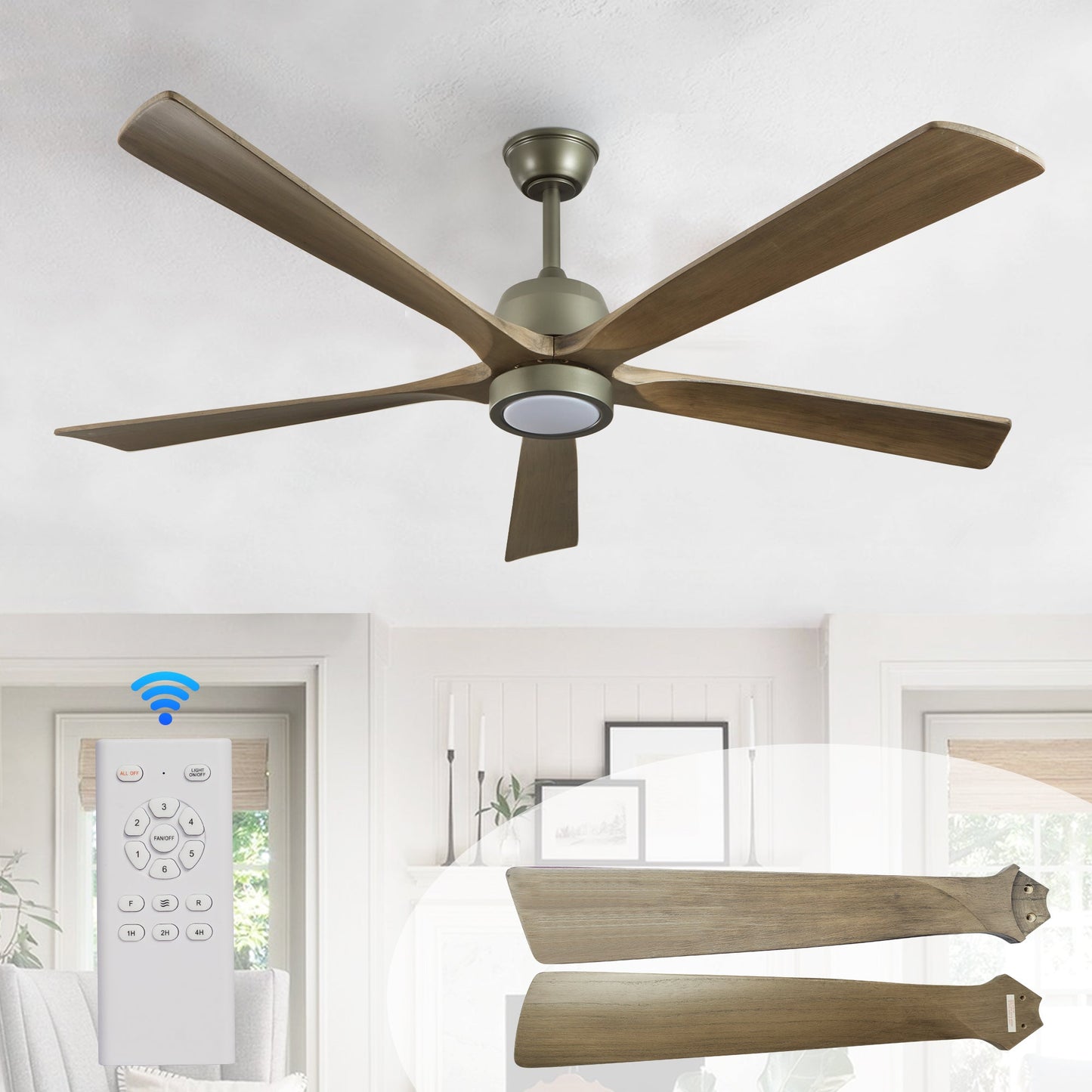 60" Modern Wood Ceiling Fan with Light and Remote Control,6-Speed