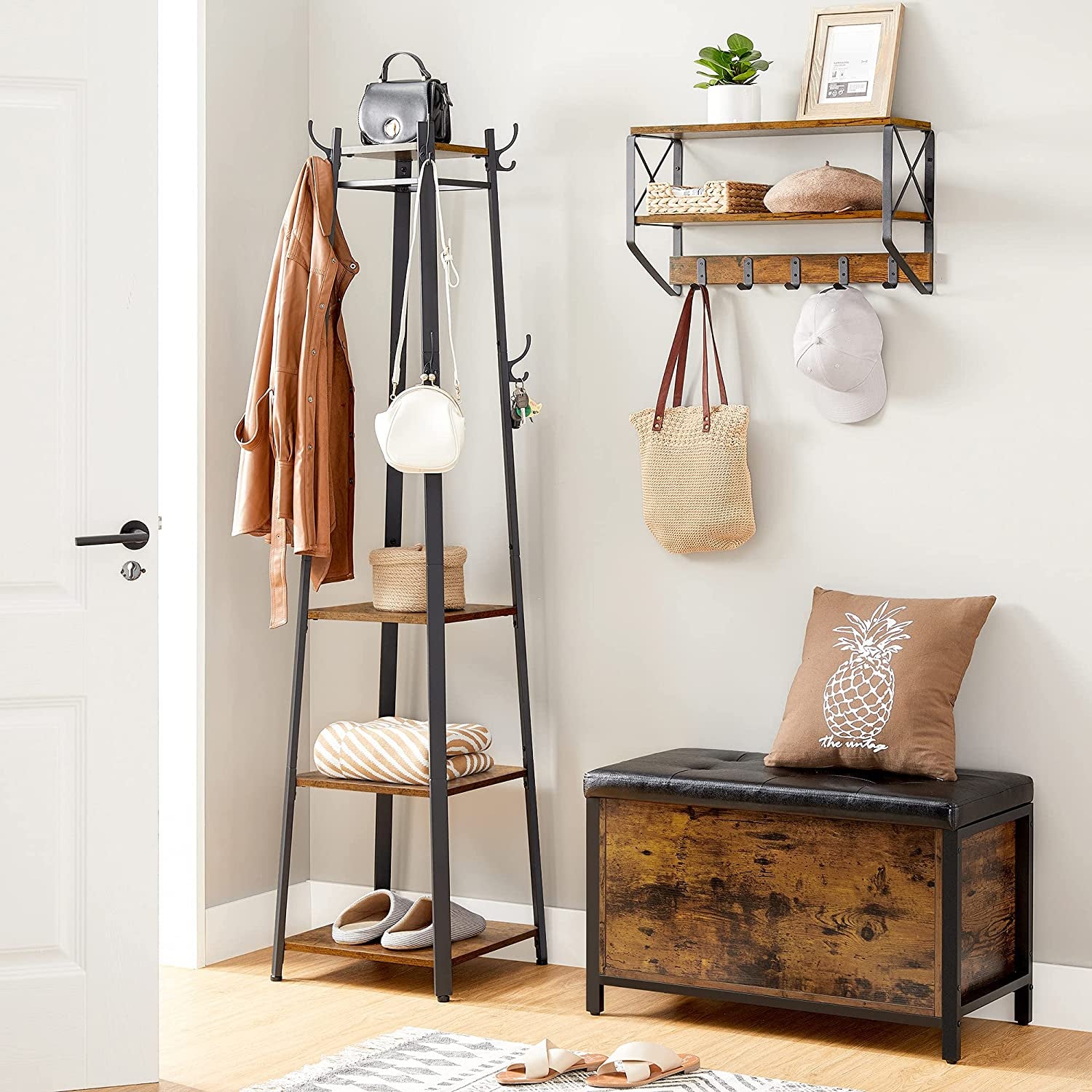 ALINRU Coat Rack with 3 Shelves, Stand with Hooks for Scarves, Bags & Umbrellas